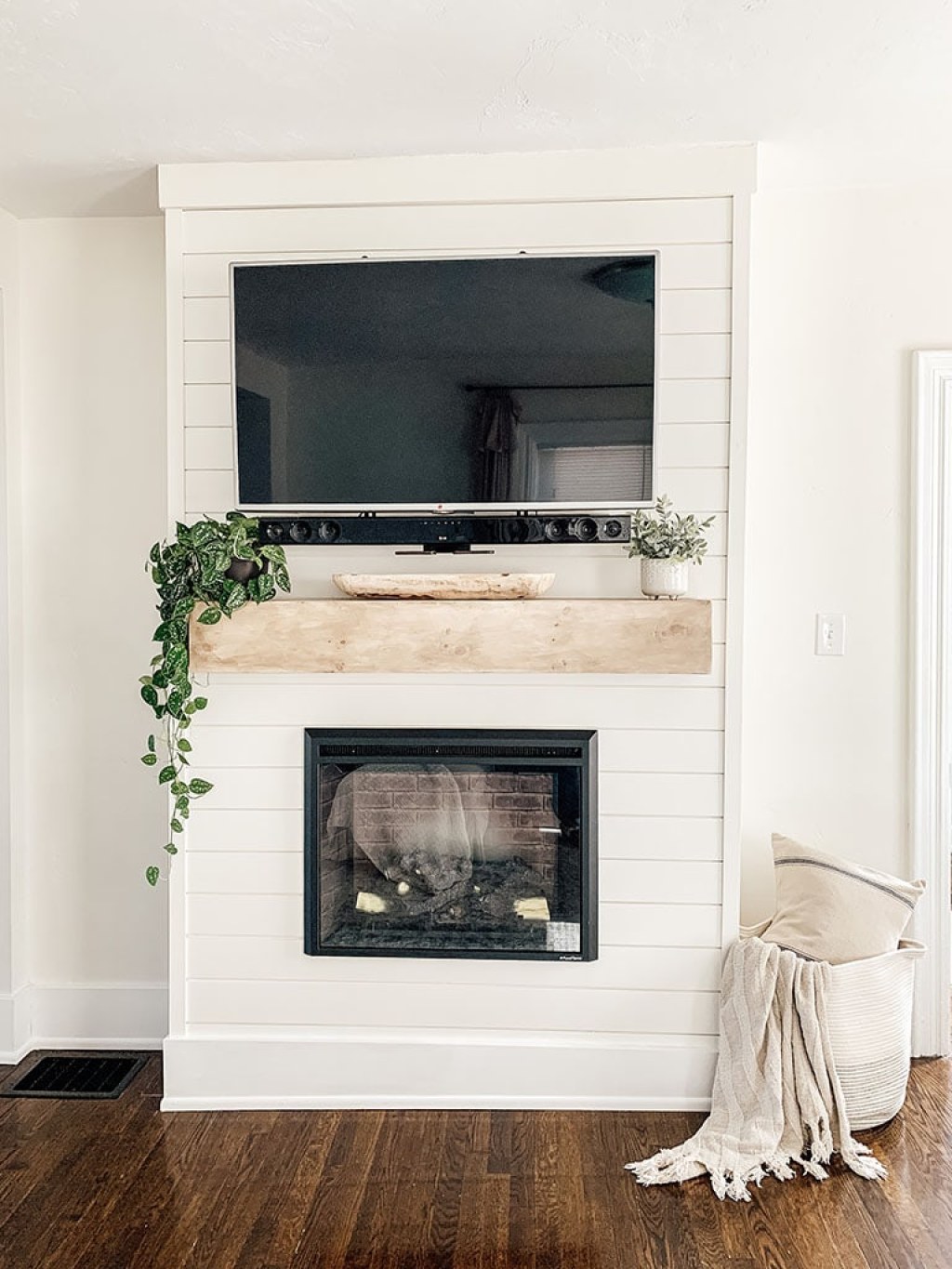 electric fireplace with shiplap surround - DIY Shiplap Electric Fireplace & Mantel - Micheala Diane Designs