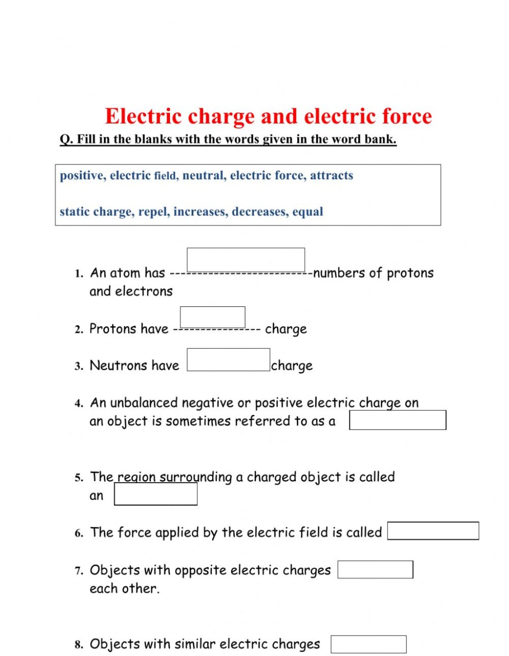 Picture of: Electric charge worksheet